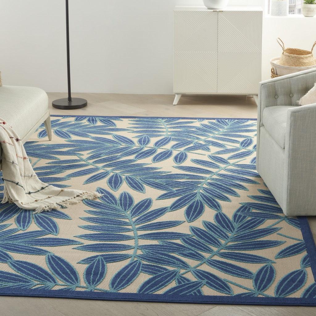 7? x 10? Navy and Beige Leaves Indoor Outdoor Area Rug - AFS