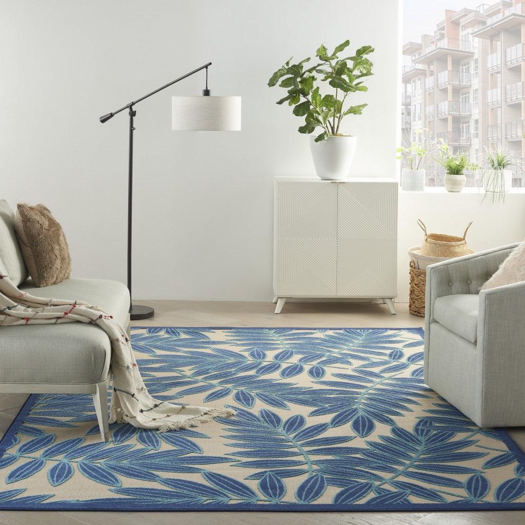 7? x 10? Navy and Beige Leaves Indoor Outdoor Area Rug - AFS