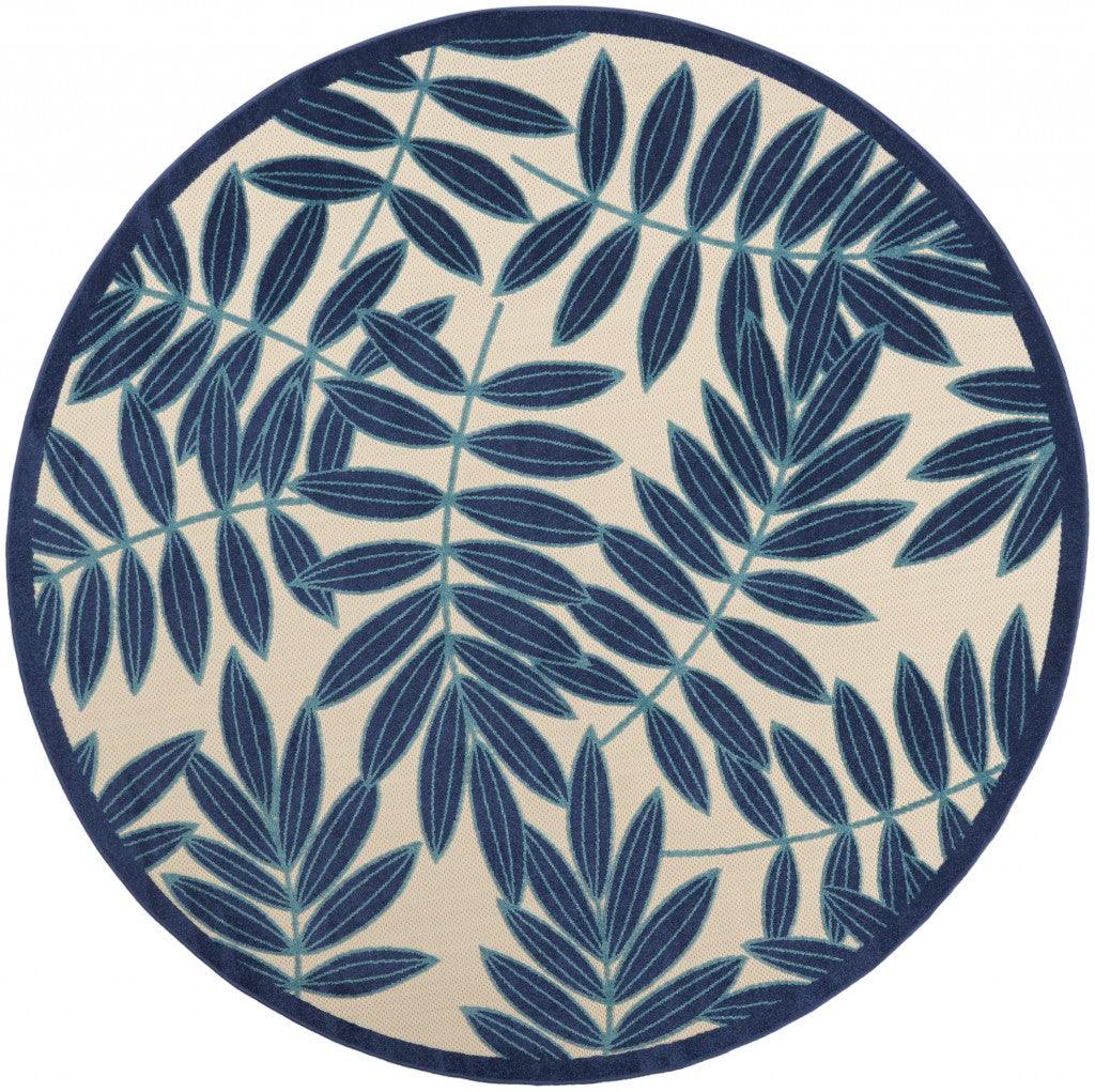 7? x 10? Navy and Beige Leaves Indoor Outdoor Area Rug - AFS