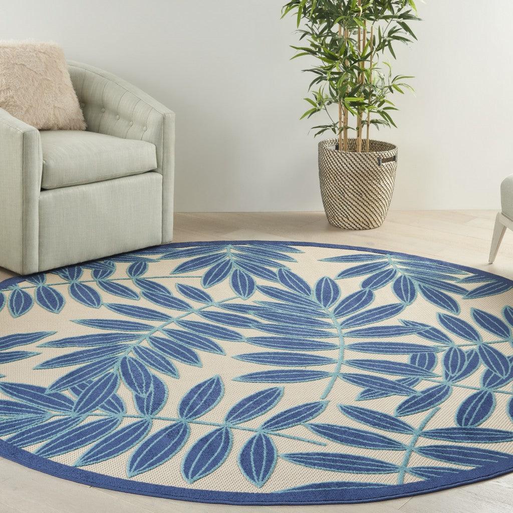 7? x 10? Navy and Beige Leaves Indoor Outdoor Area Rug - AFS