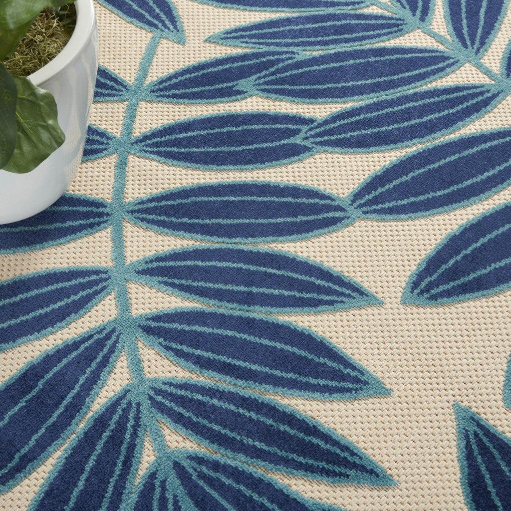 7? x 10? Navy and Beige Leaves Indoor Outdoor Area Rug - AFS