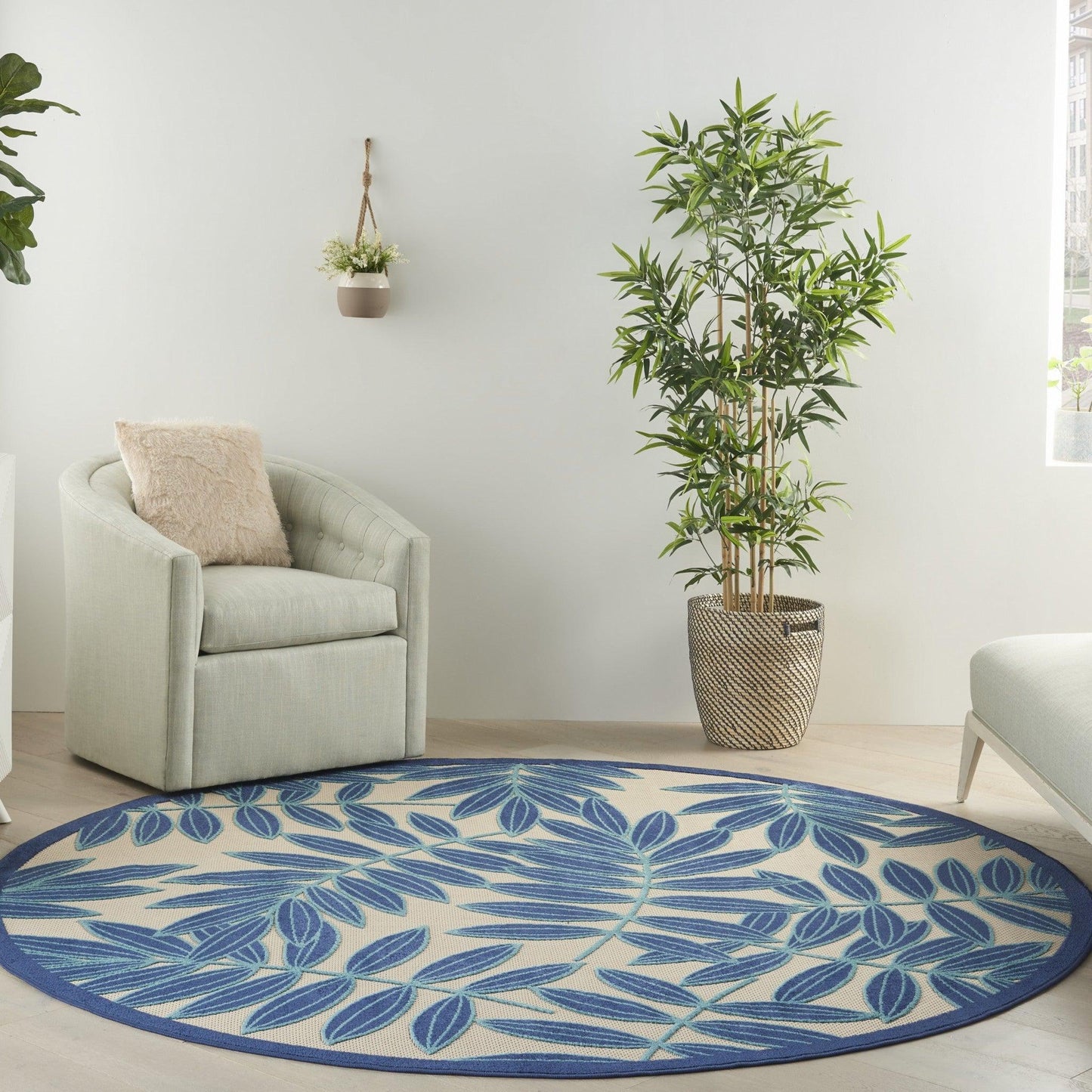 7? x 10? Navy and Beige Leaves Indoor Outdoor Area Rug - AFS