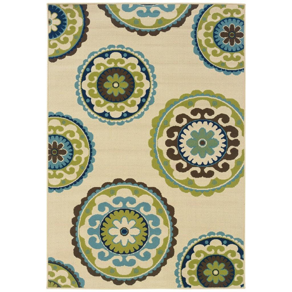 7' x 10' Ivory Indigo and Lime Medallion Disc Indoor Outdoor Area Rug - AFS