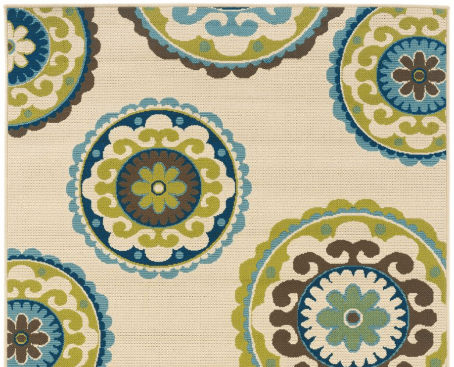 7' x 10' Ivory Indigo and Lime Medallion Disc Indoor Outdoor Area Rug - AFS