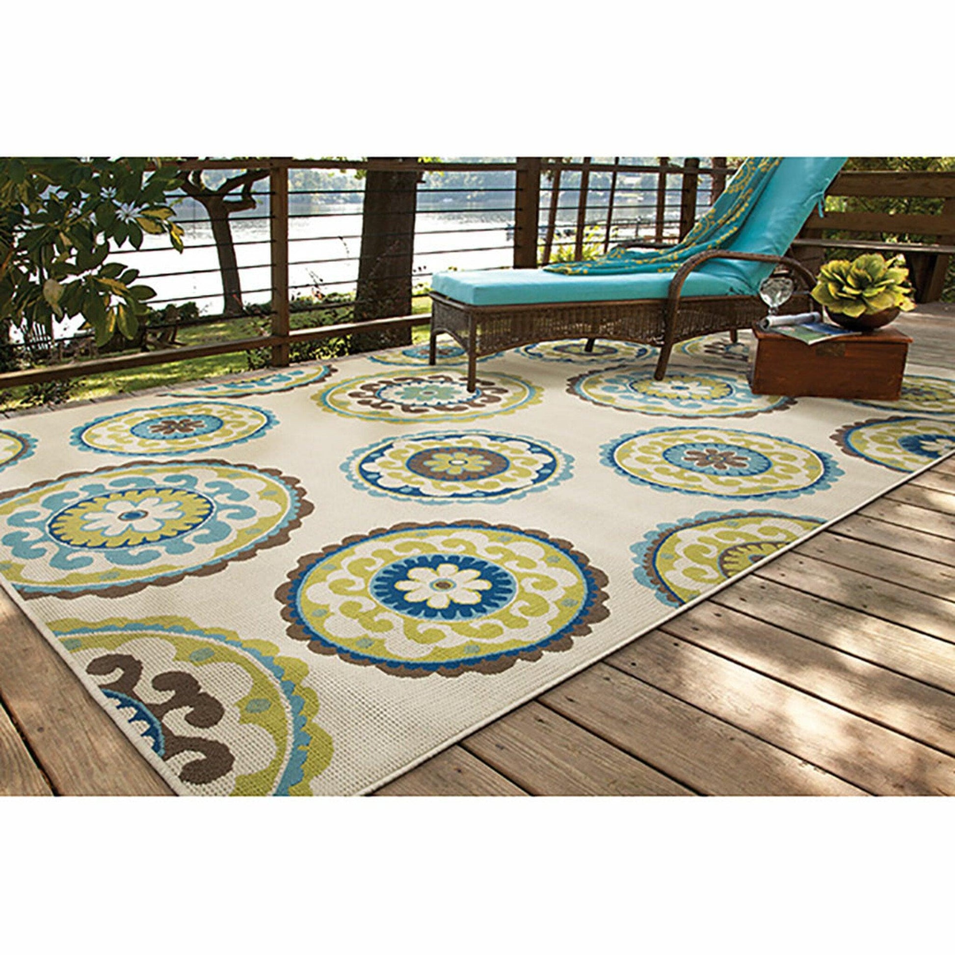 7' x 10' Ivory Indigo and Lime Medallion Disc Indoor Outdoor Area Rug - AFS