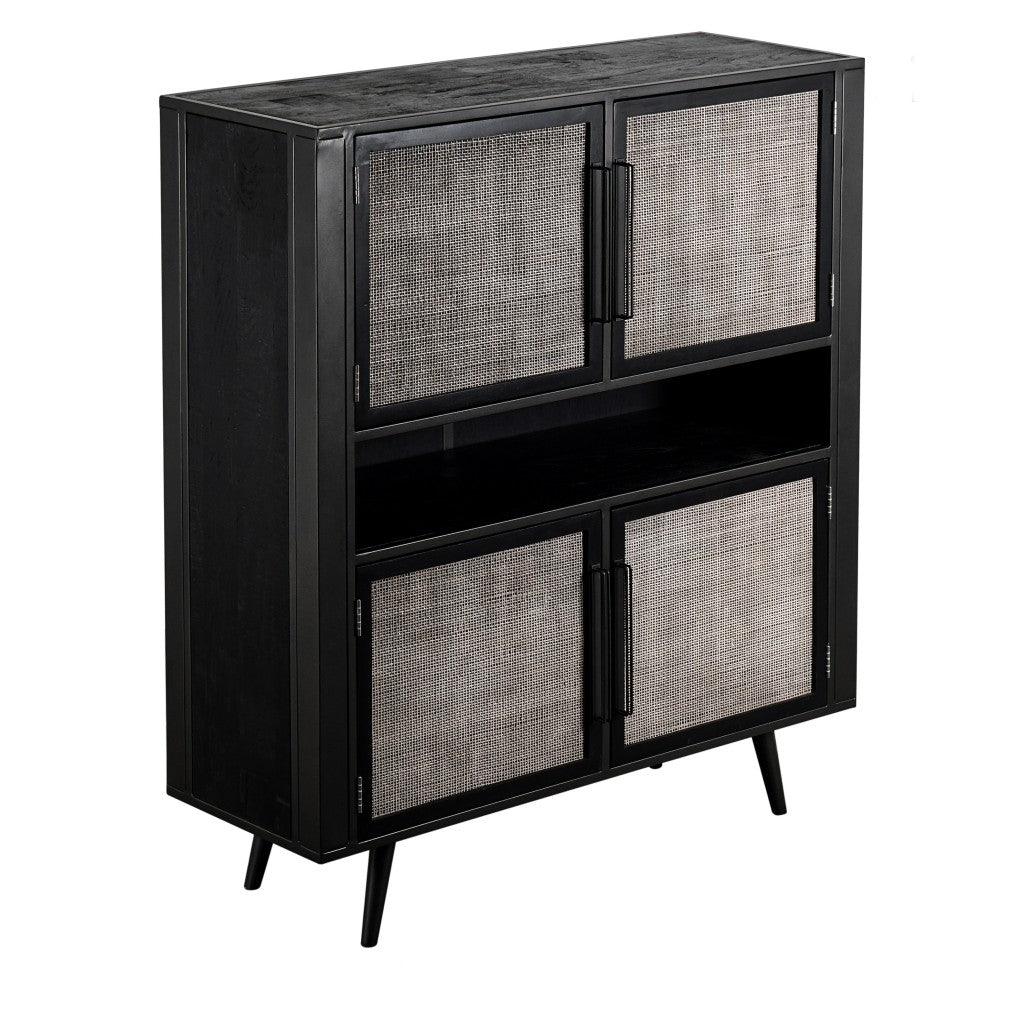 Modern Rustic Black Rattan Double Decker Accent Cabinet - AFS