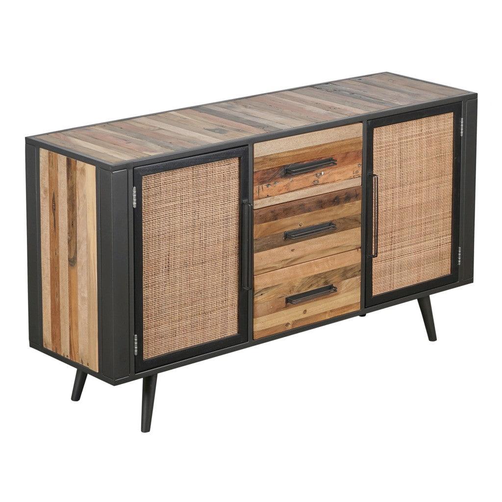 63" Modern Rustic Black Natural and Rattan Buffet Server - AFS