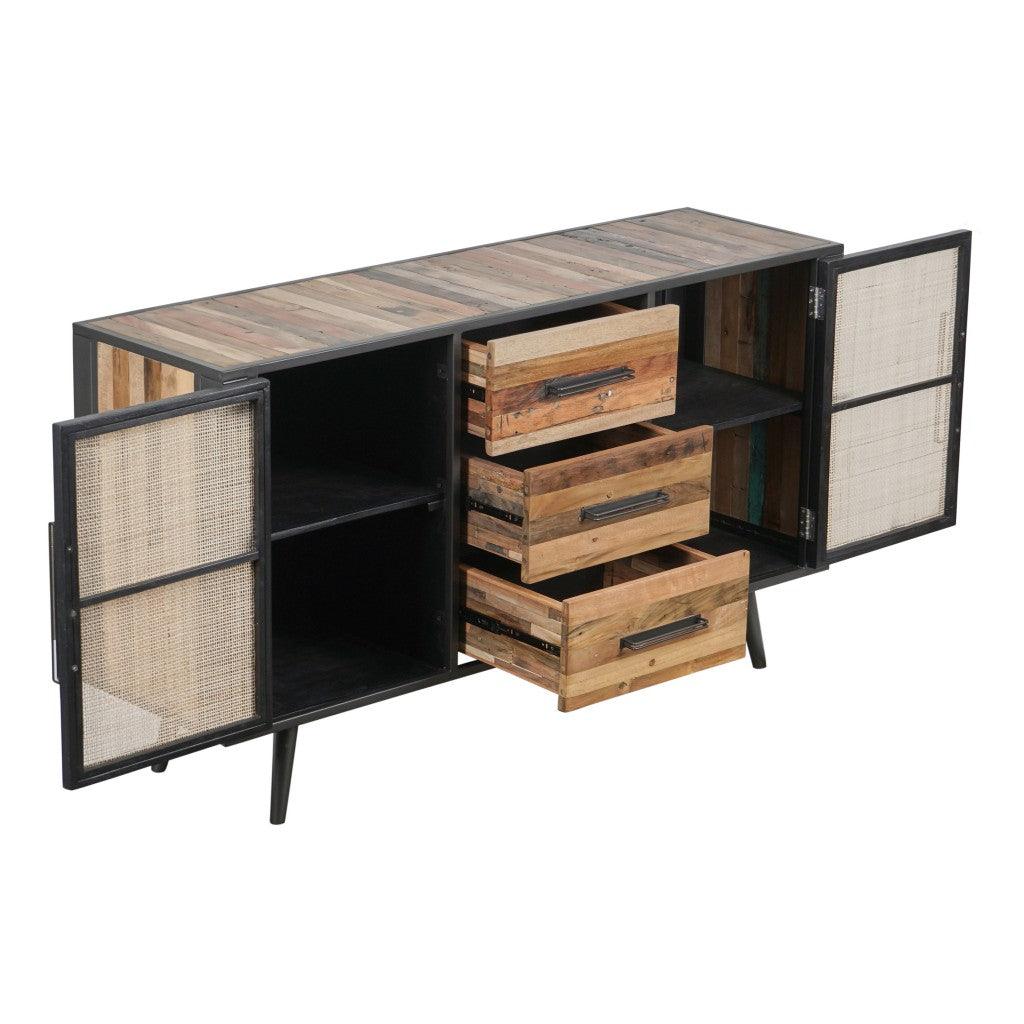 63" Modern Rustic Black Natural and Rattan Buffet Server - AFS