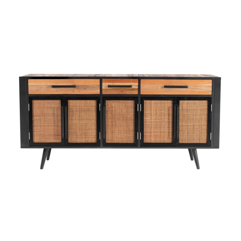 71" Modern Rustic Black Natural and Rattan Buffet Server - AFS