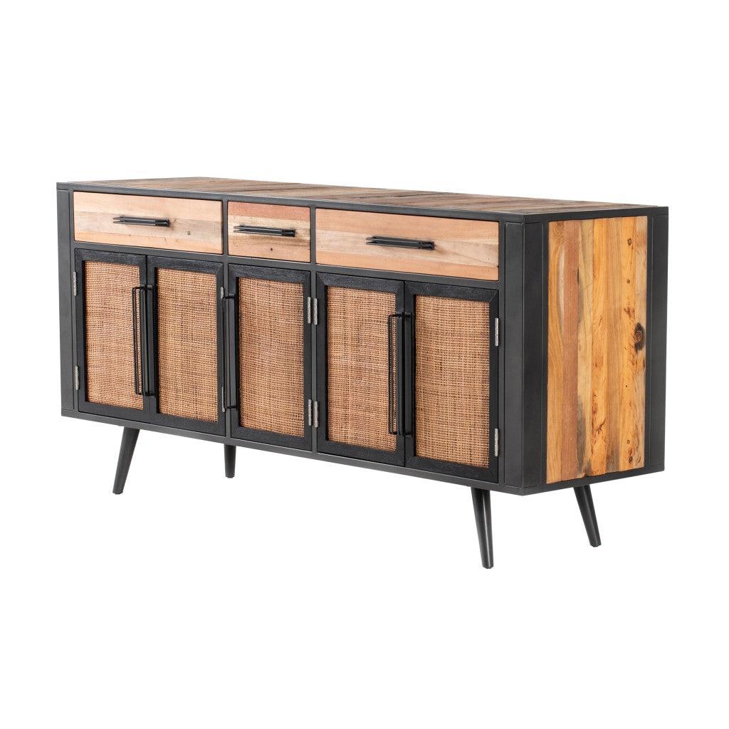 71" Modern Rustic Black Natural and Rattan Buffet Server - AFS