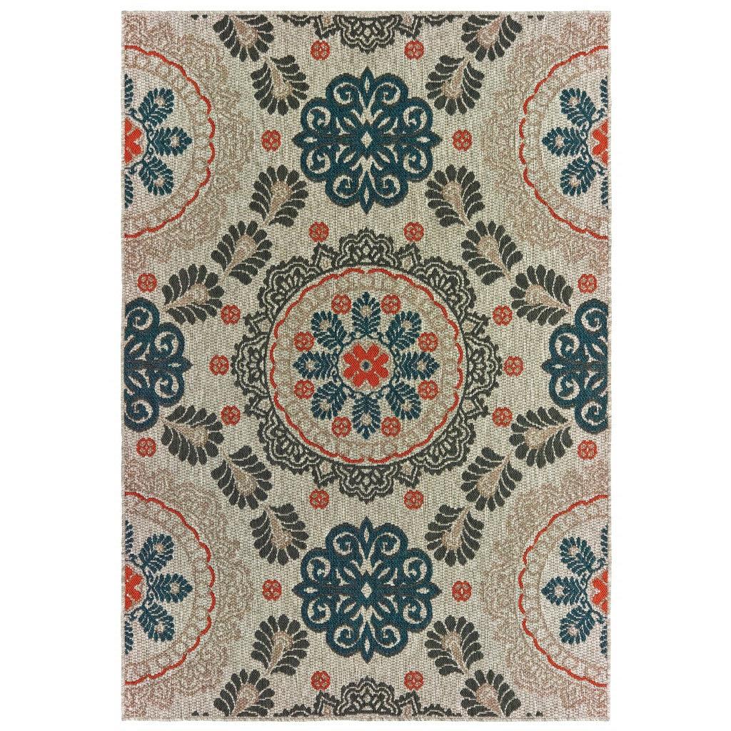 9' x 12' Grey Blue Floral Indoor Outdoor Area Rug - AFS