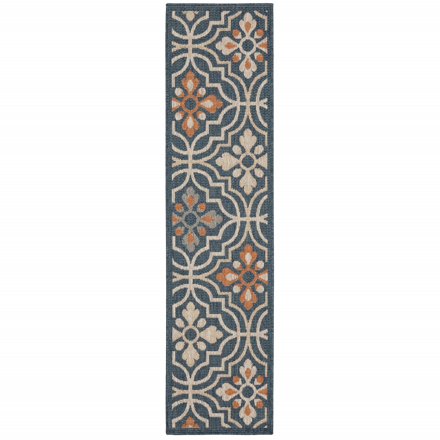 8' Blue Orange Floral Lattice Indoor Outdoor Runner Rug - AFS