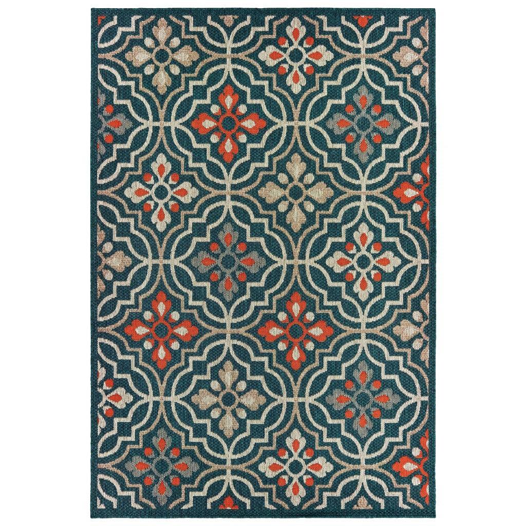 8' Blue Orange Floral Lattice Indoor Outdoor Runner Rug - AFS