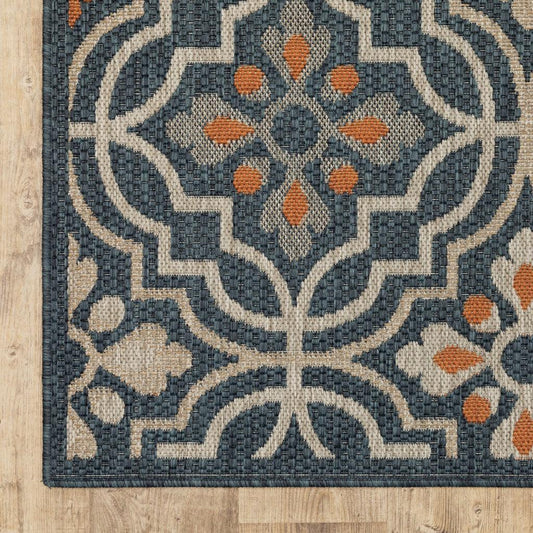 8' Blue Orange Floral Lattice Indoor Outdoor Runner Rug - AFS