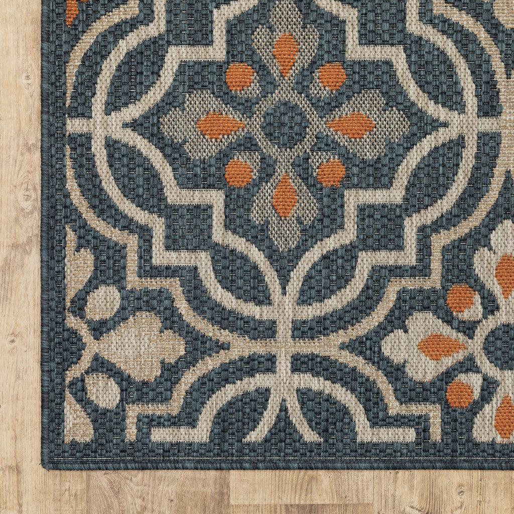 8' Blue Orange Floral Lattice Indoor Outdoor Runner Rug - AFS