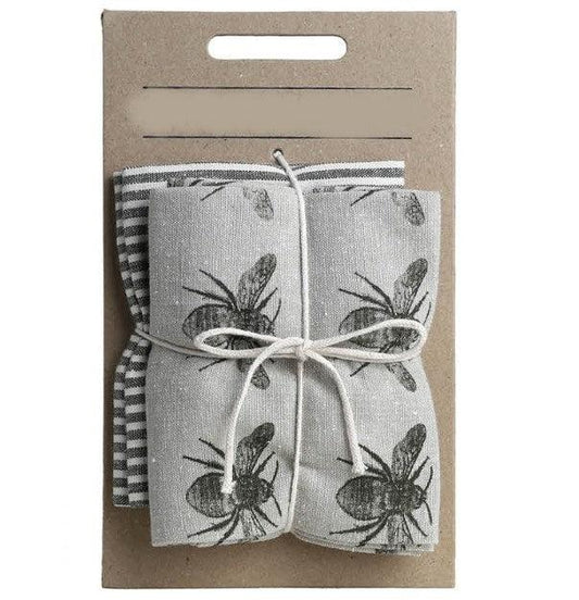 Set of Two Tea Towels with Dark Green Bumble Bee Oven Gloves - AFS