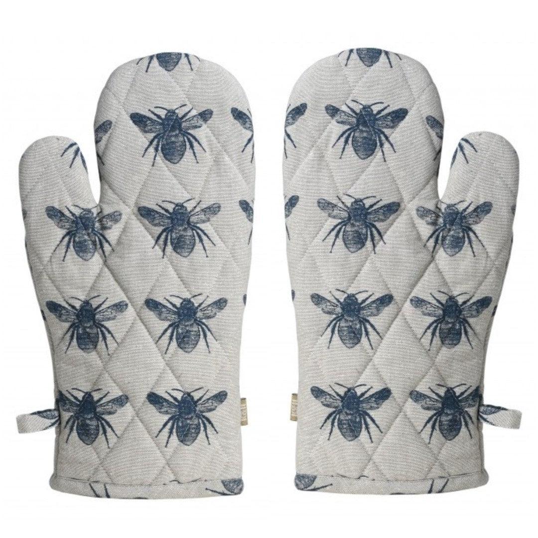 Set of Two Tea Towels with Navy Blue Bumble Bee Oven Gloves - AFS