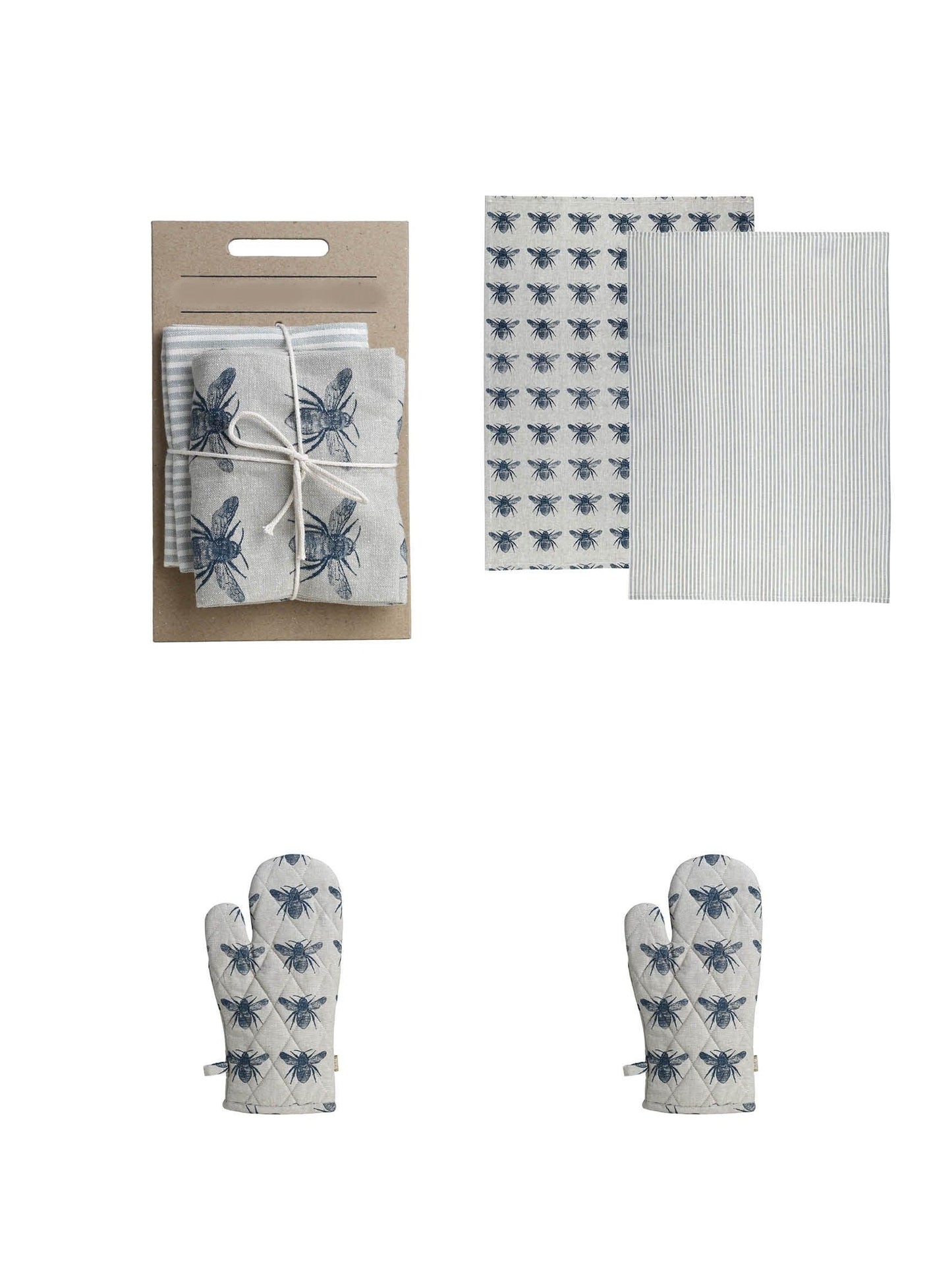 Set of Two Tea Towels with Navy Blue Bumble Bee Oven Gloves - AFS