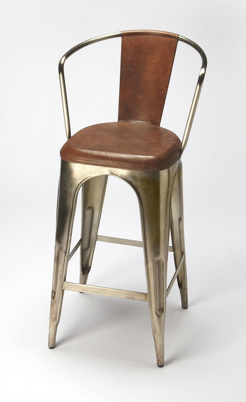 Brown Leather and Iron Bar Stool - AFS