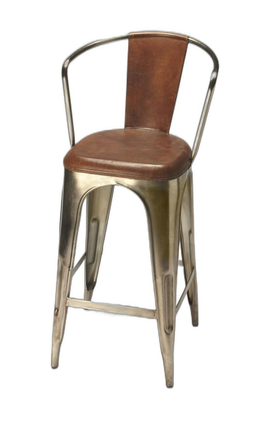 Brown Leather and Iron Bar Stool - AFS