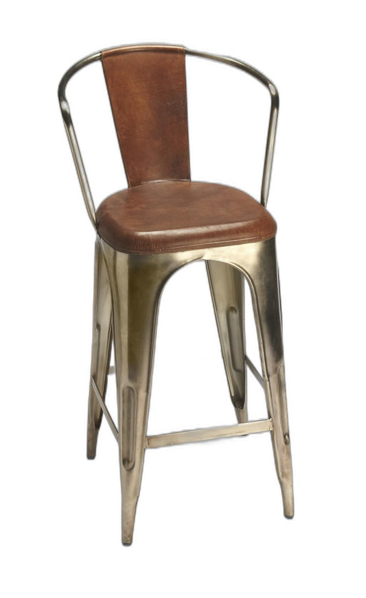 Brown Leather and Iron Bar Stool - AFS