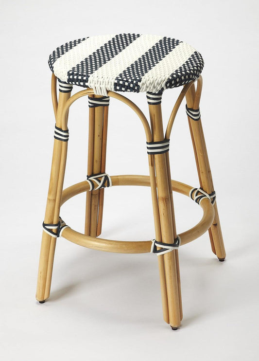 Midnight Blue and White Rattan Counter Stool - AFS