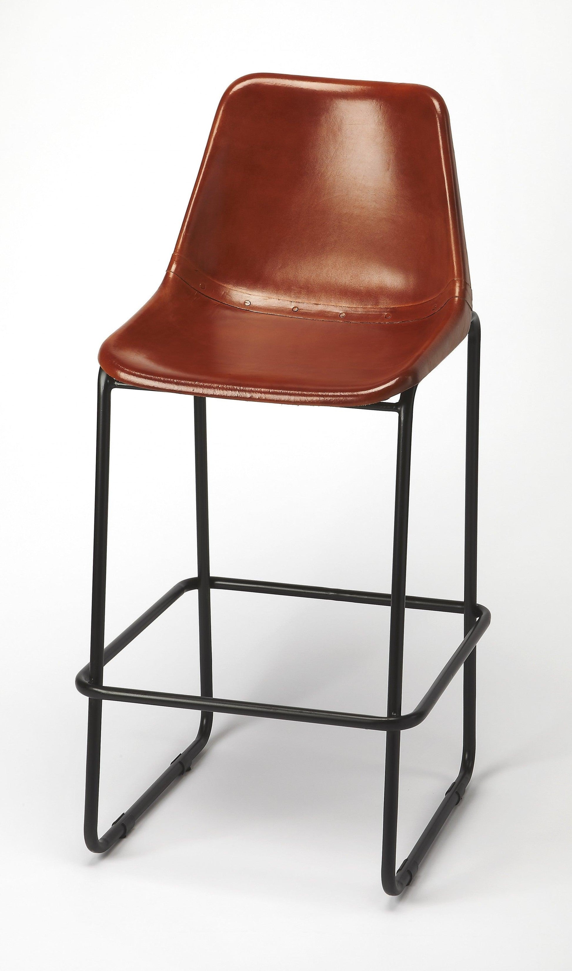 Brown Leather and Iron Bar Stool - AFS