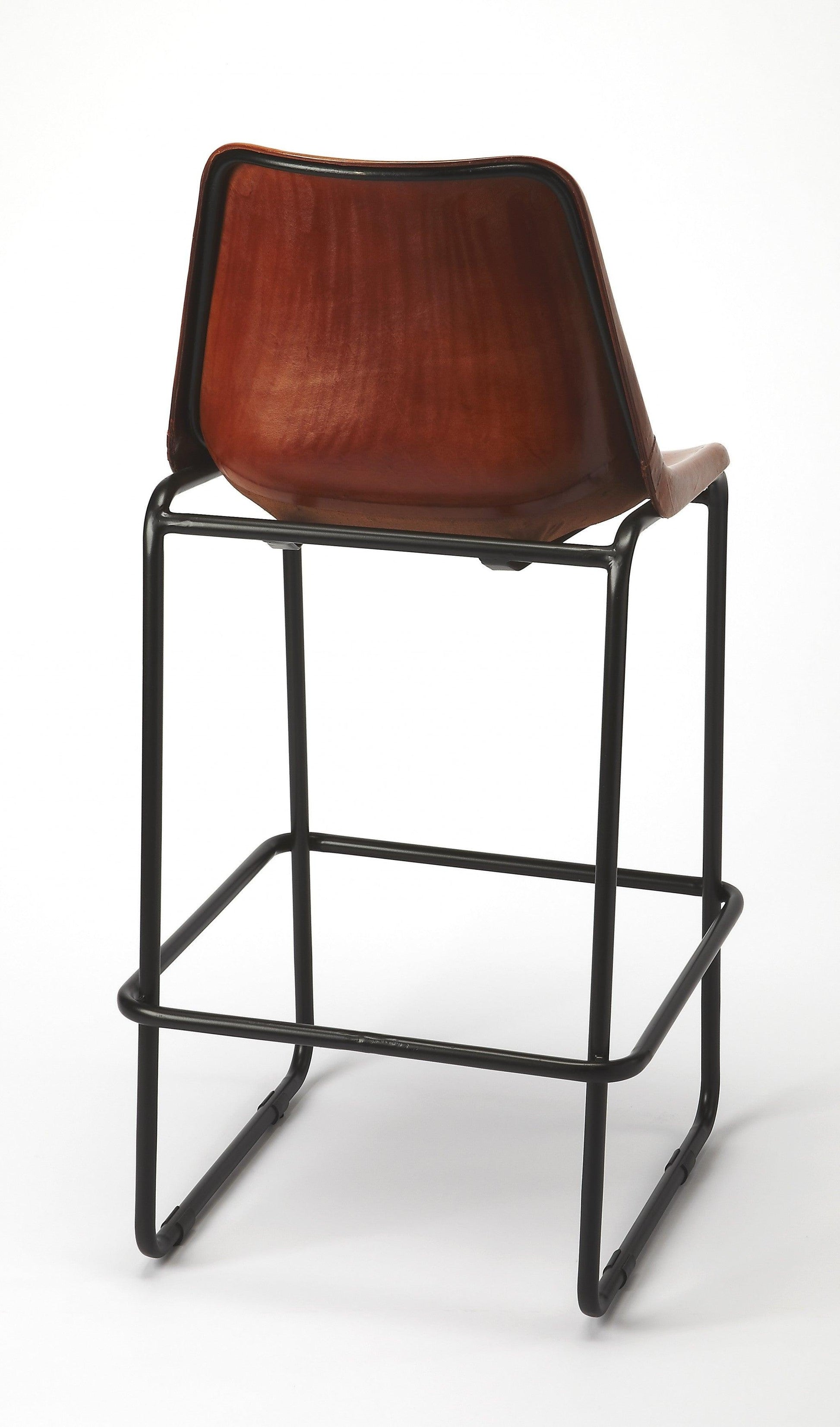 Brown Leather and Iron Bar Stool - AFS