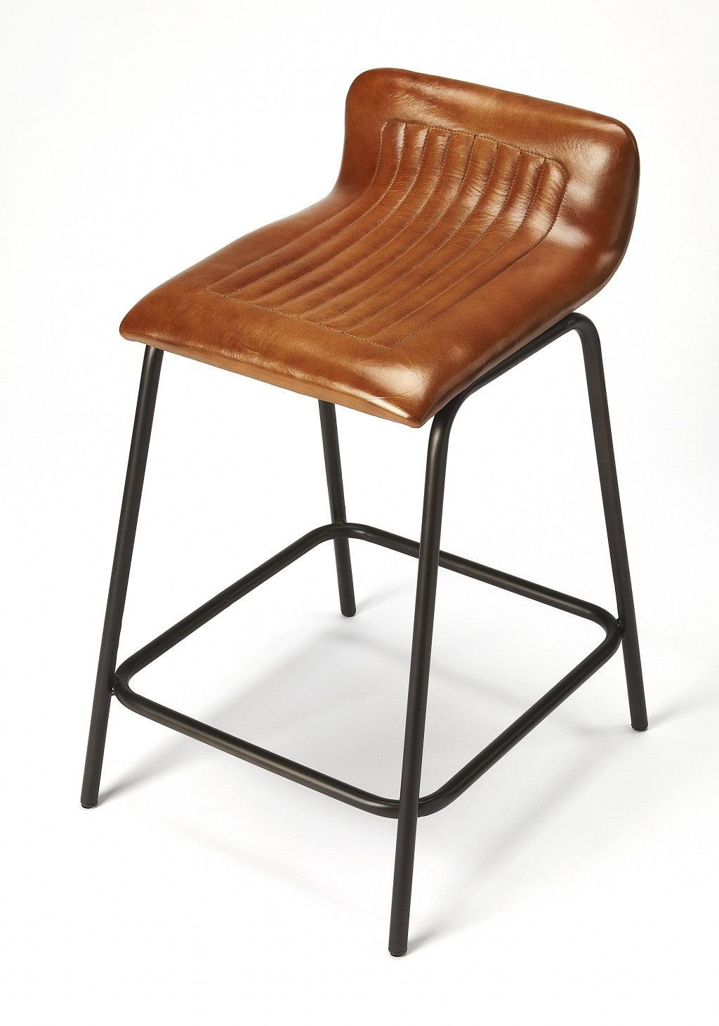 Brown Leather and Metal Counter Stool - AFS