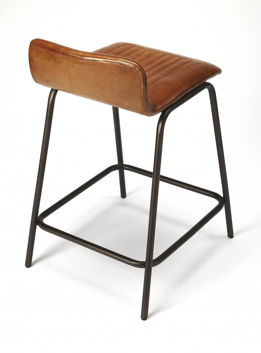 Brown Leather and Metal Counter Stool - AFS