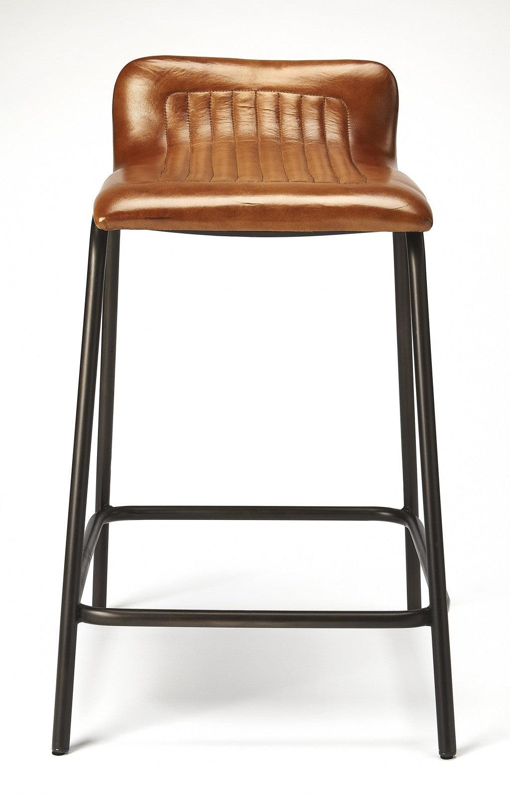 Brown Leather and Metal Counter Stool - AFS