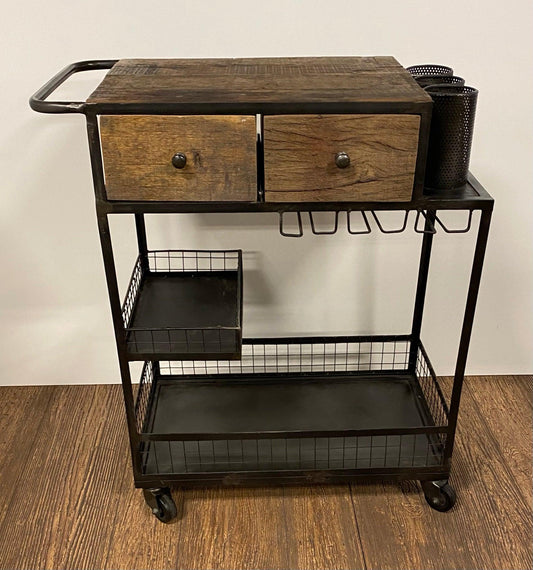 Rolling Rustic Black and Natural Bar Cart - AFS