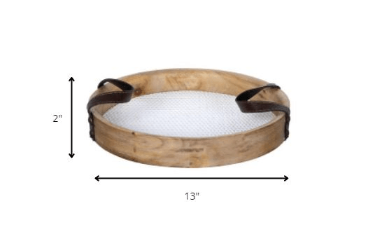 Round Wooden Tray with Leather Handles - AFS