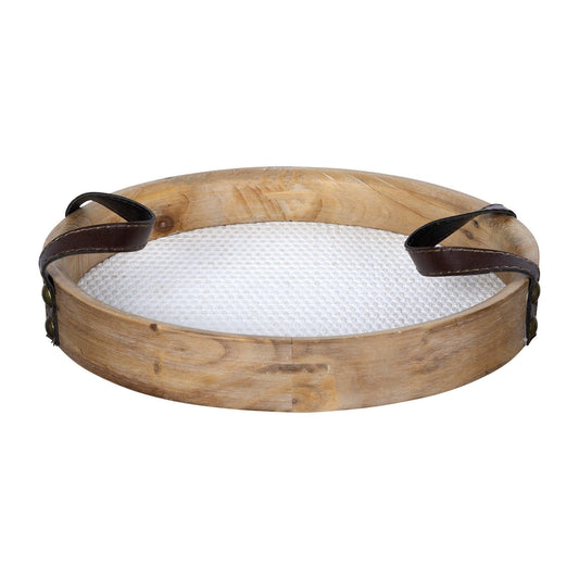 Round Wooden Tray with Leather Handles - AFS