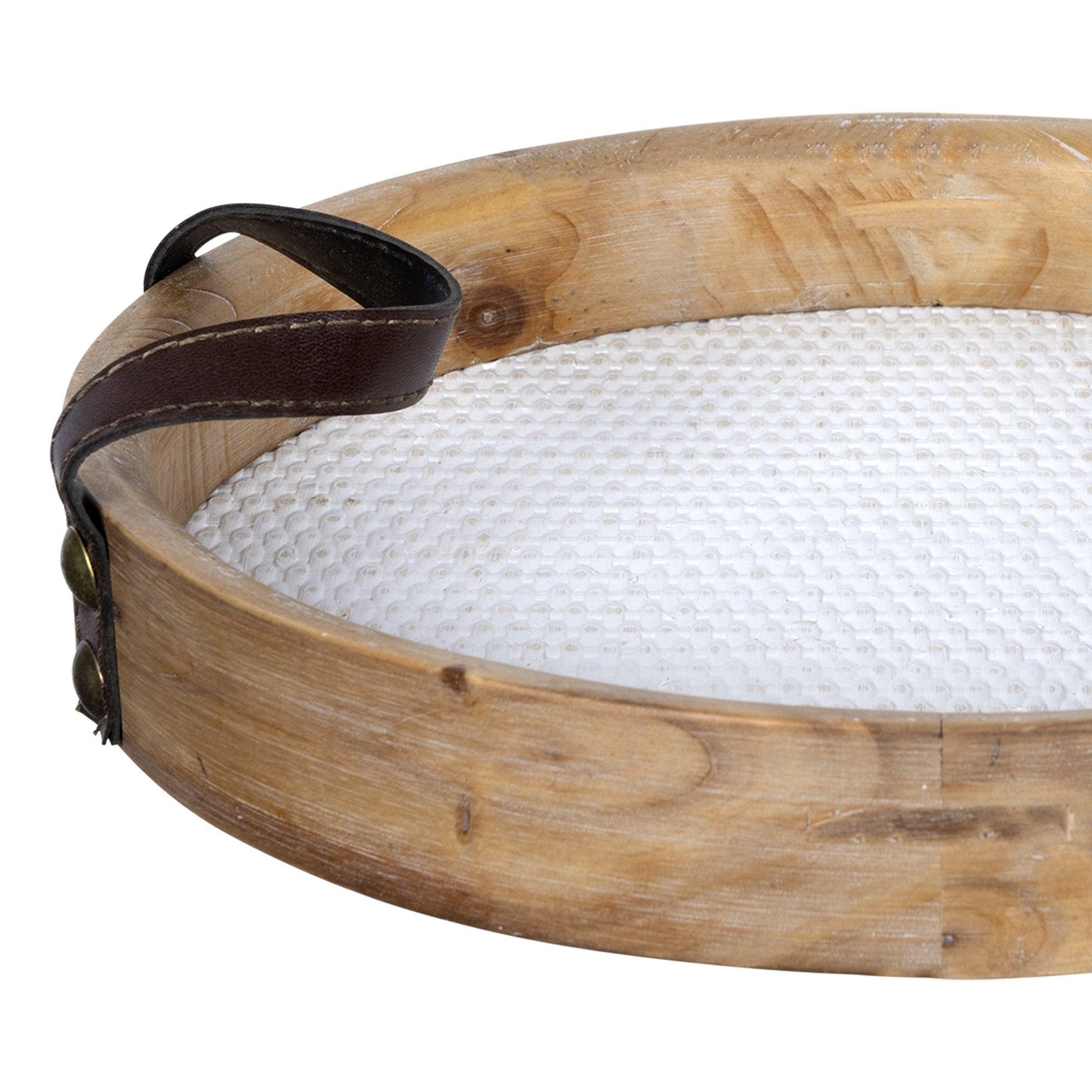 Round Wooden Tray with Leather Handles - AFS