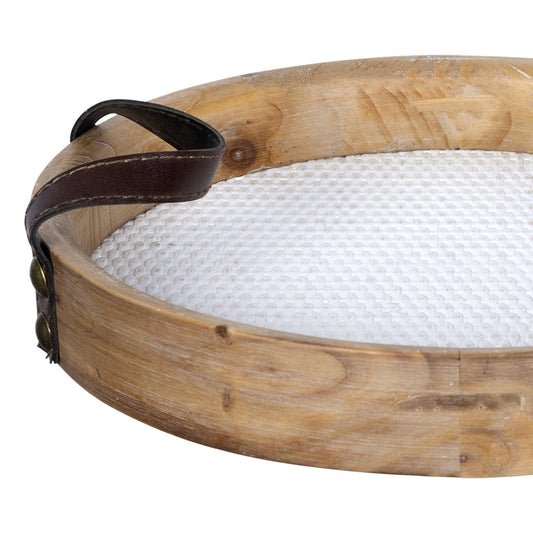 Round Wooden Tray with Leather Handles - AFS