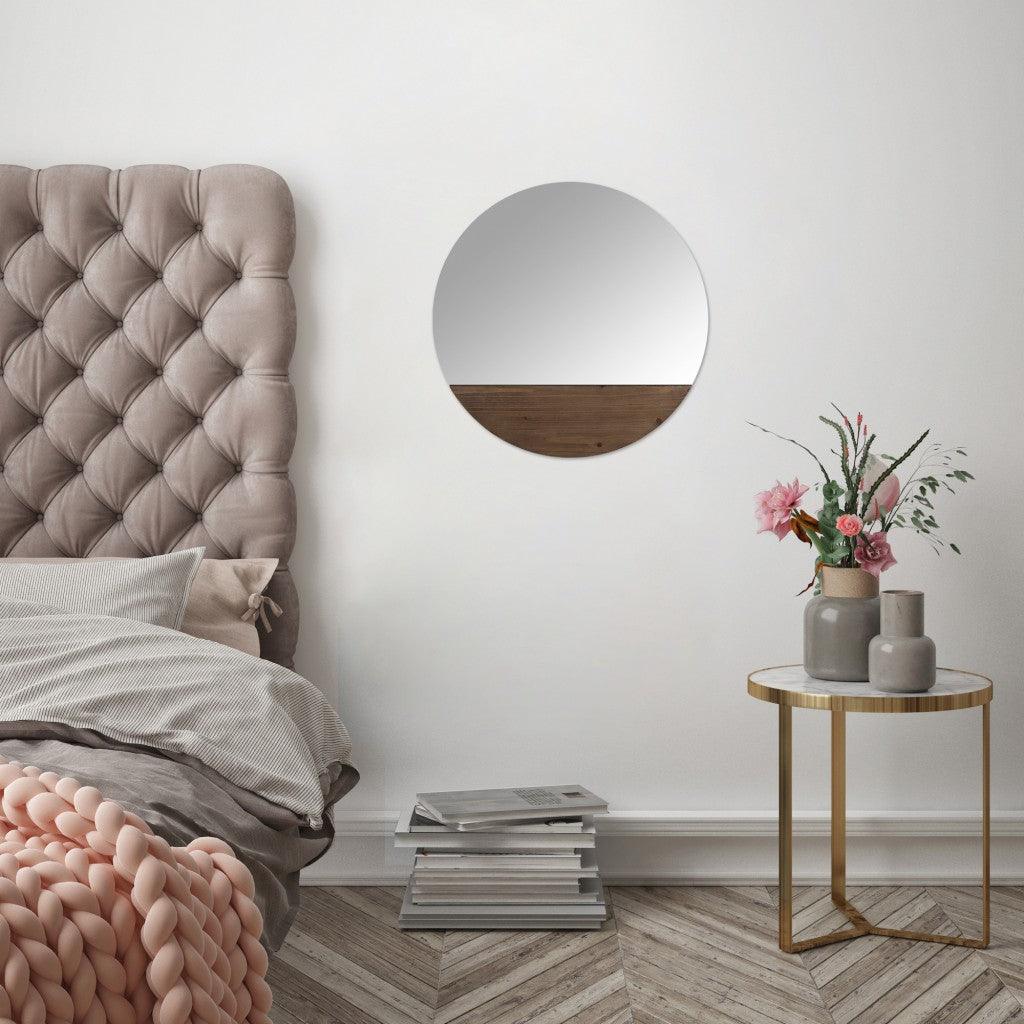 Contemporary Round Wall Mirror with Wooden Detailing - AFS