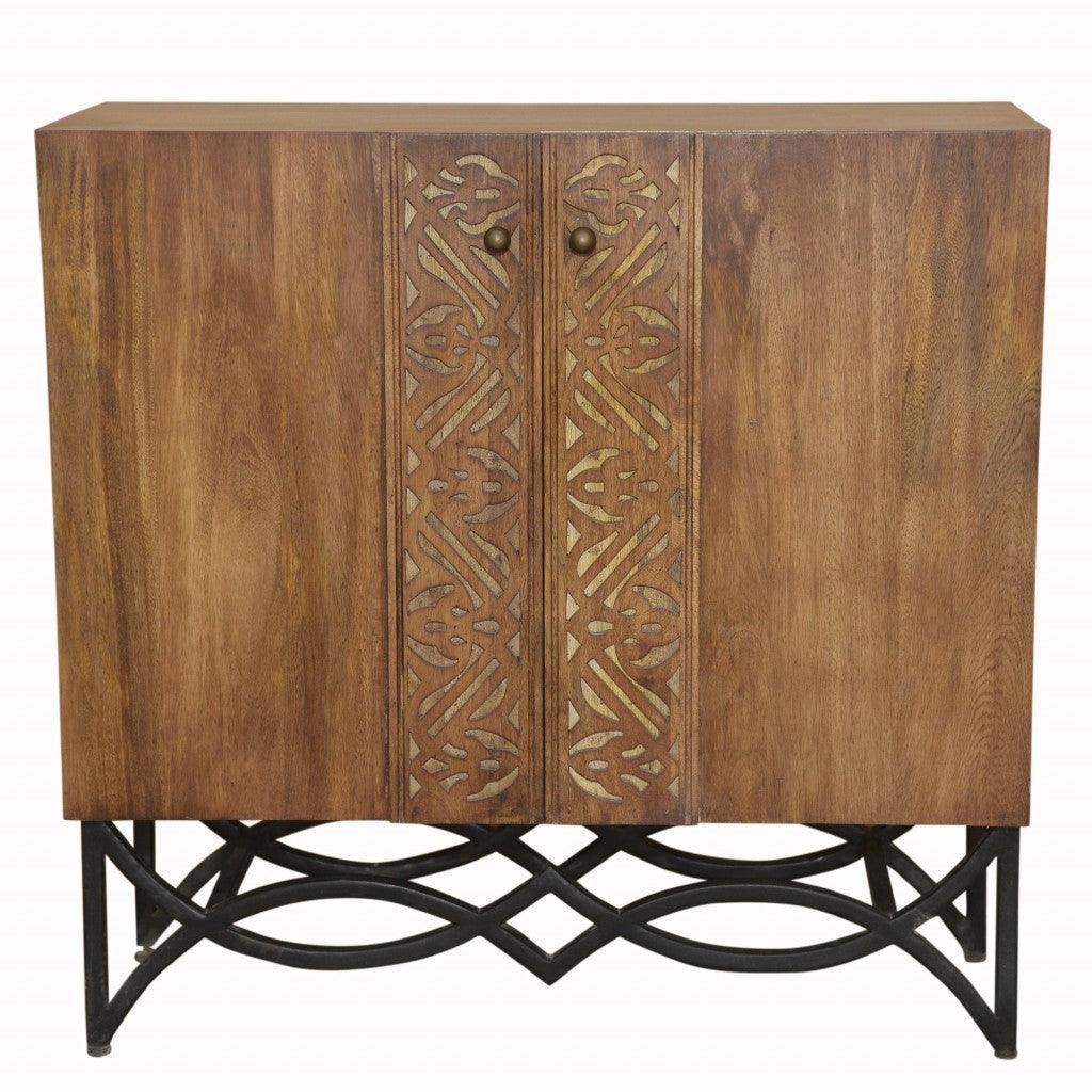 Natural Wood and Black Iron Scroll Double Door Cabinet - AFS