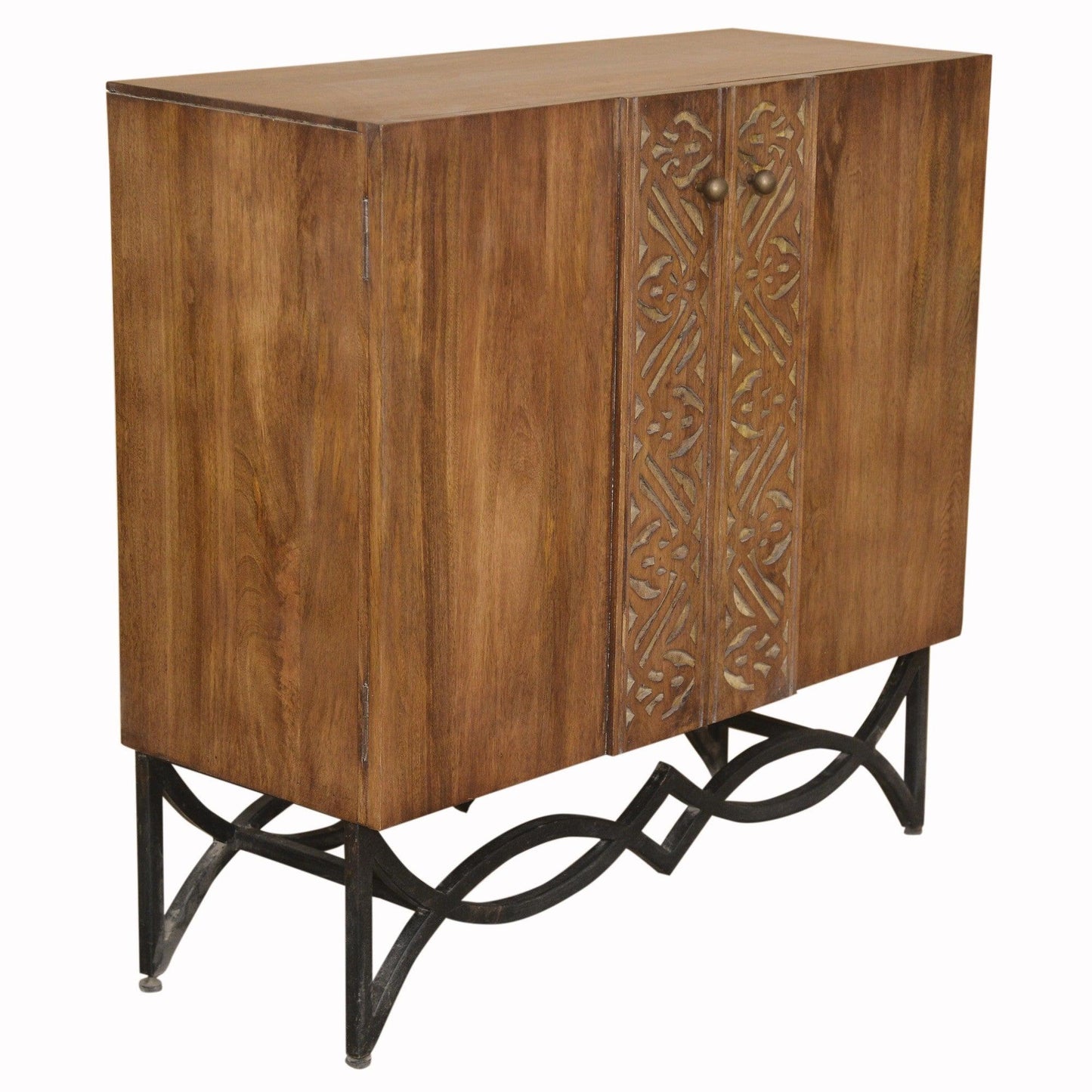 Natural Wood and Black Iron Scroll Double Door Cabinet - AFS