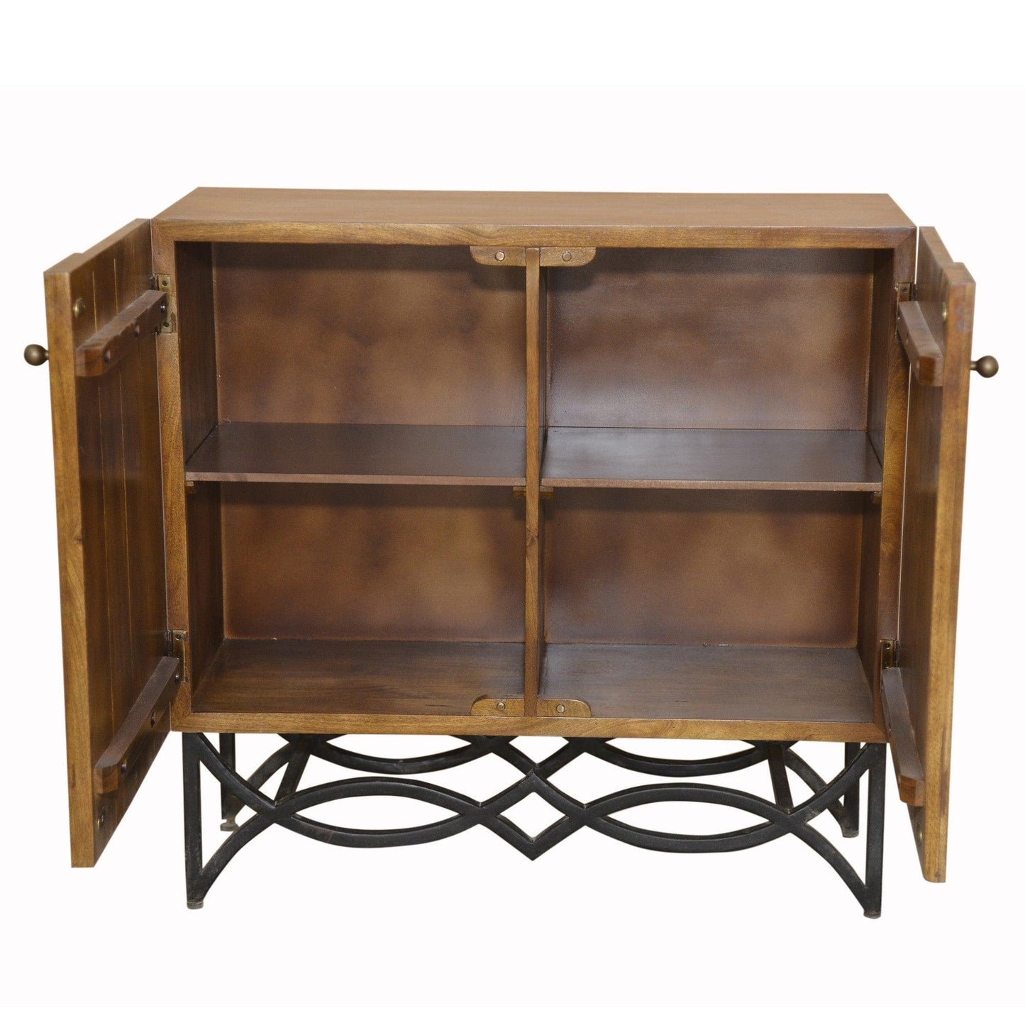 Natural Wood and Black Iron Scroll Double Door Cabinet - AFS