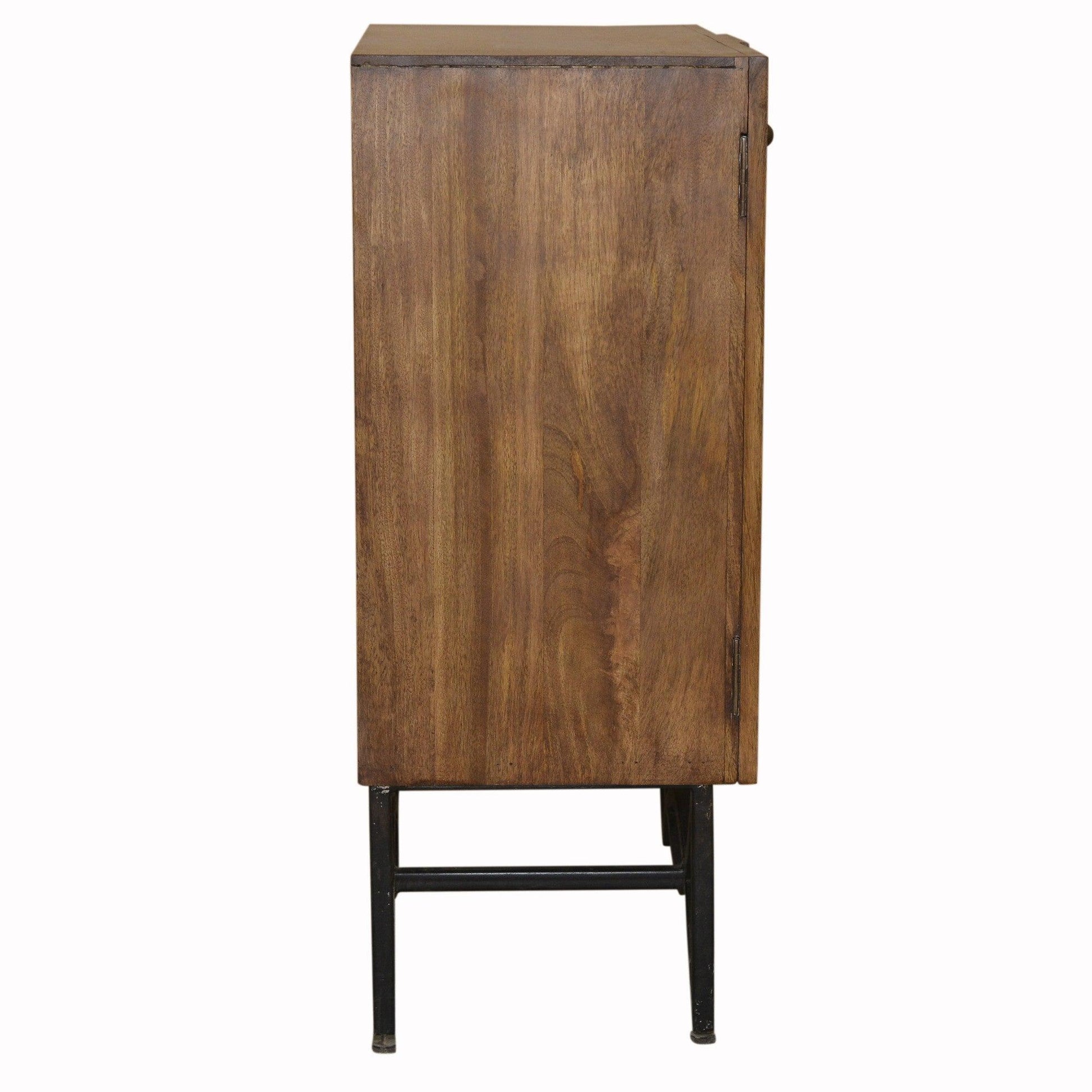 Natural Wood and Black Iron Scroll Double Door Cabinet - AFS