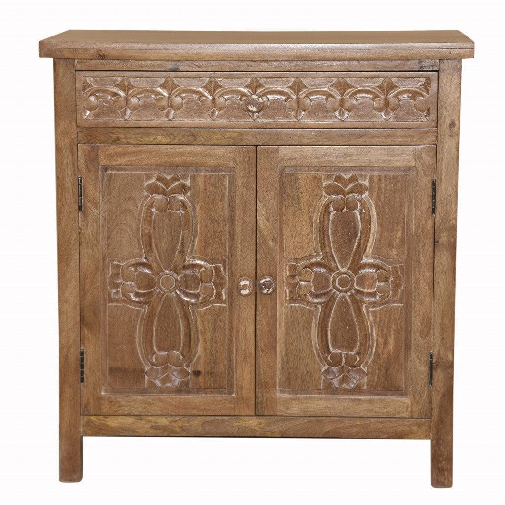 Artisanal Handcarved Natural Wood Accent Storage Cabinet - AFS