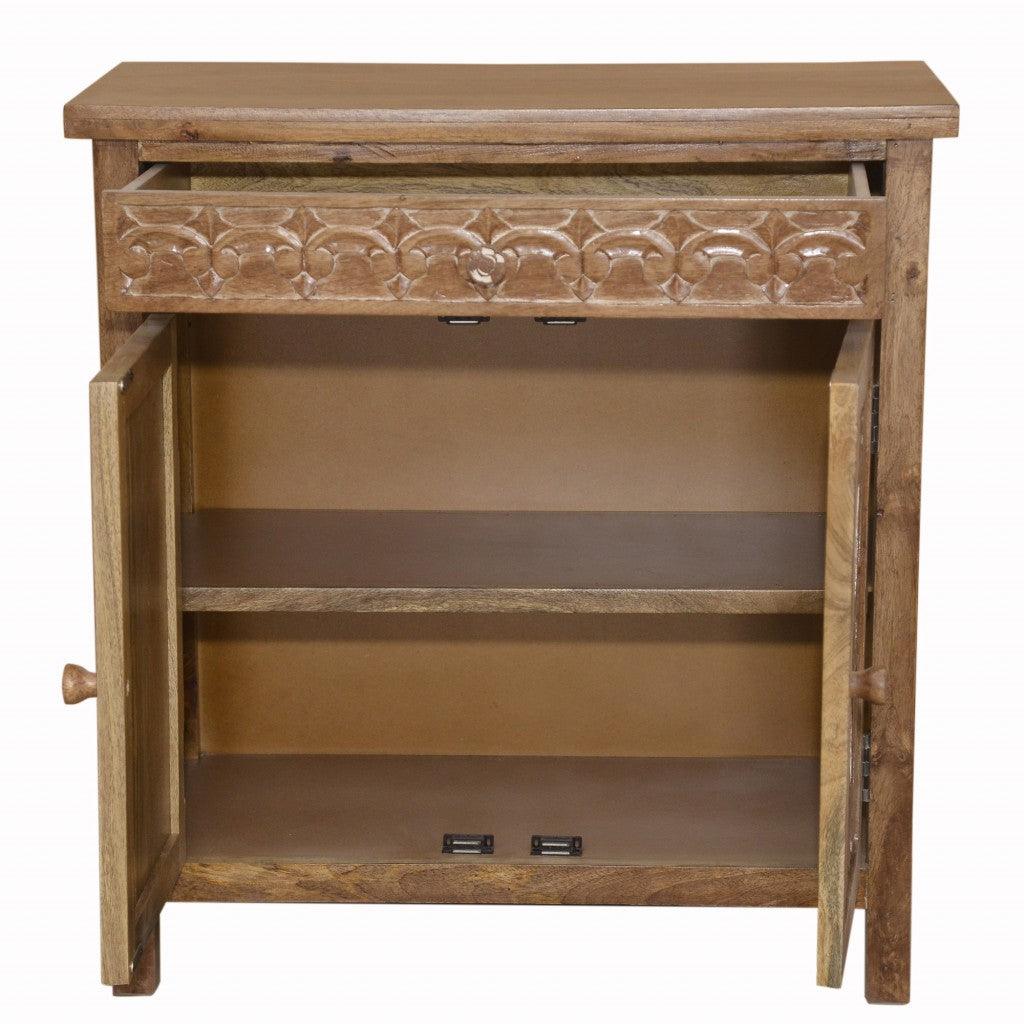 Artisanal Handcarved Natural Wood Accent Storage Cabinet - AFS