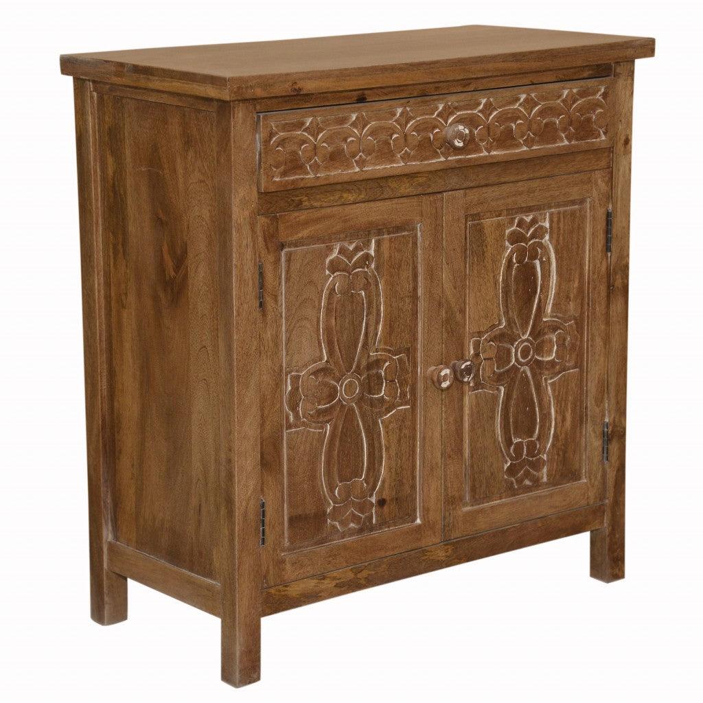 Artisanal Handcarved Natural Wood Accent Storage Cabinet - AFS