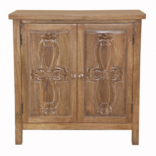 Artisanal Handcarved Natural Wood Double Door Cabinet - AFS