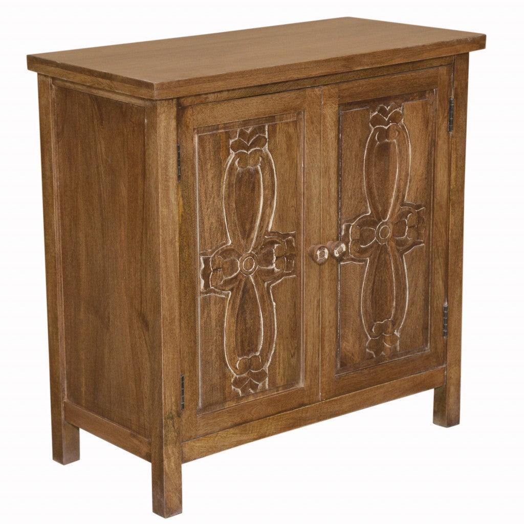 Artisanal Handcarved Natural Wood Double Door Cabinet - AFS