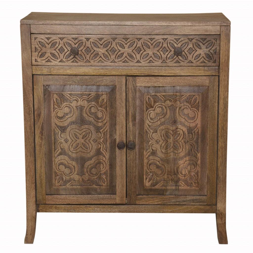 Artisanal Handcarved Dark Wood Accent Storage Cabinet - AFS