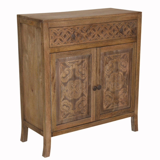 Artisanal Handcarved Dark Wood Accent Storage Cabinet - AFS