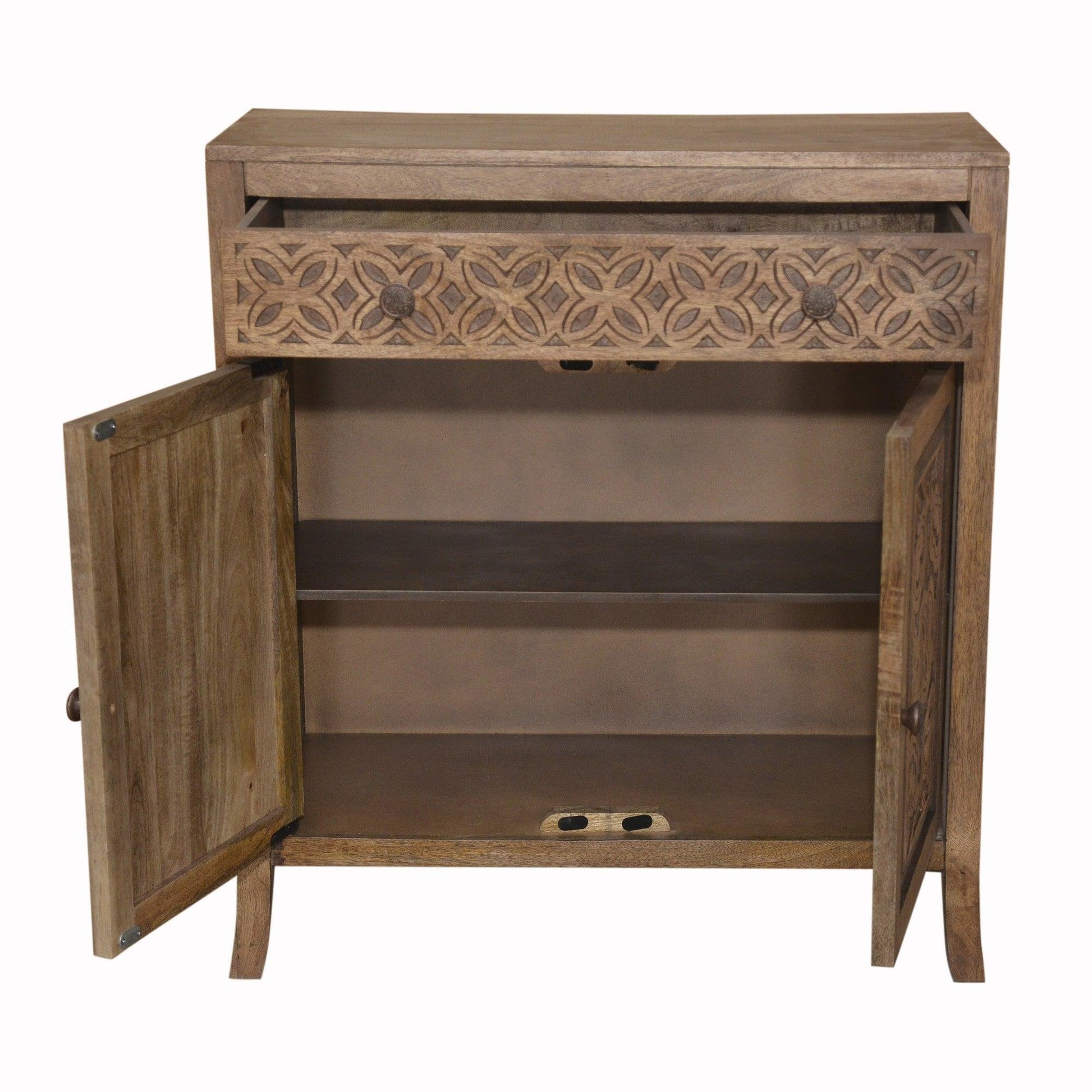 Artisanal Handcarved Dark Wood Accent Storage Cabinet - AFS