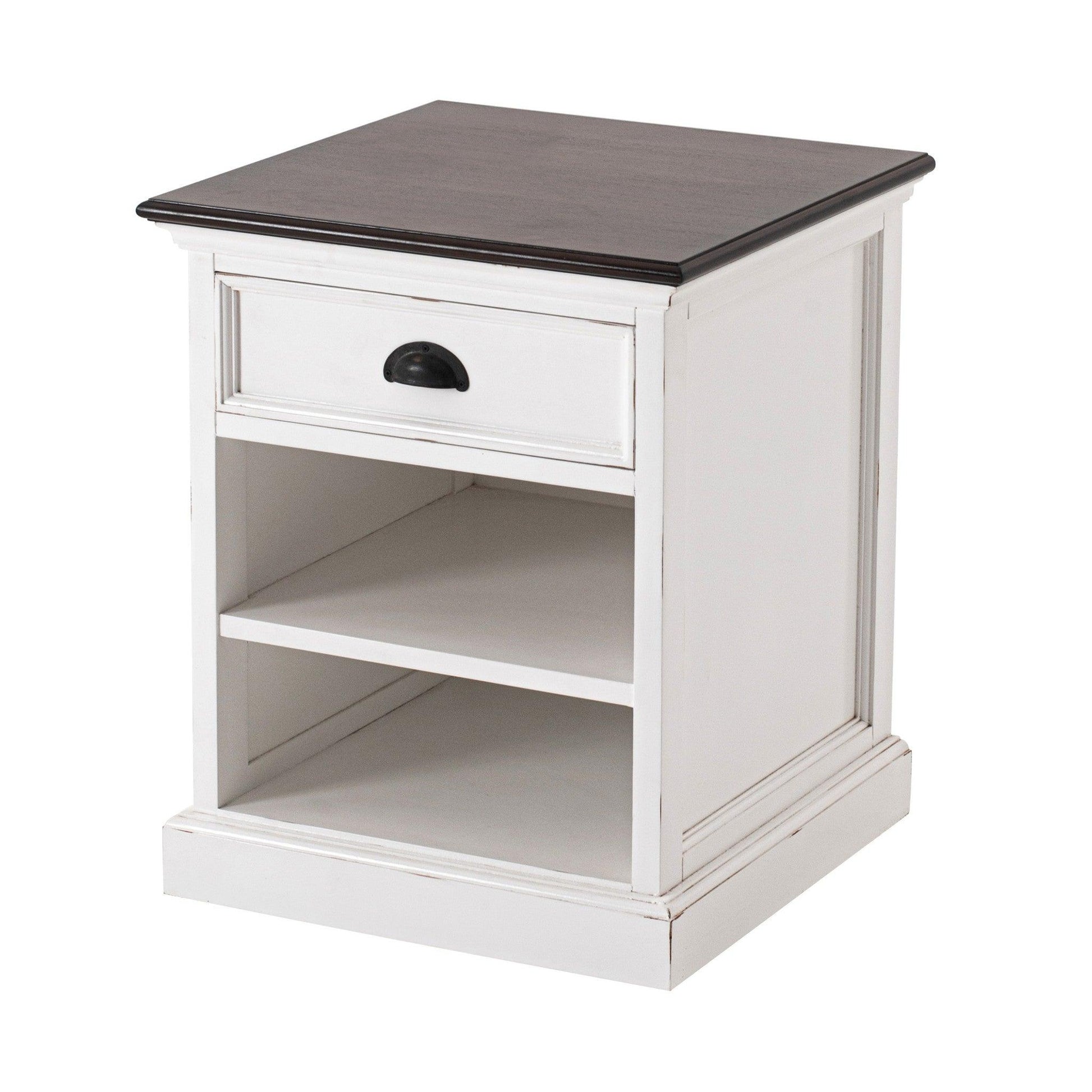 Distressed White and Deep Brown Nightstand With Shelves - AFS